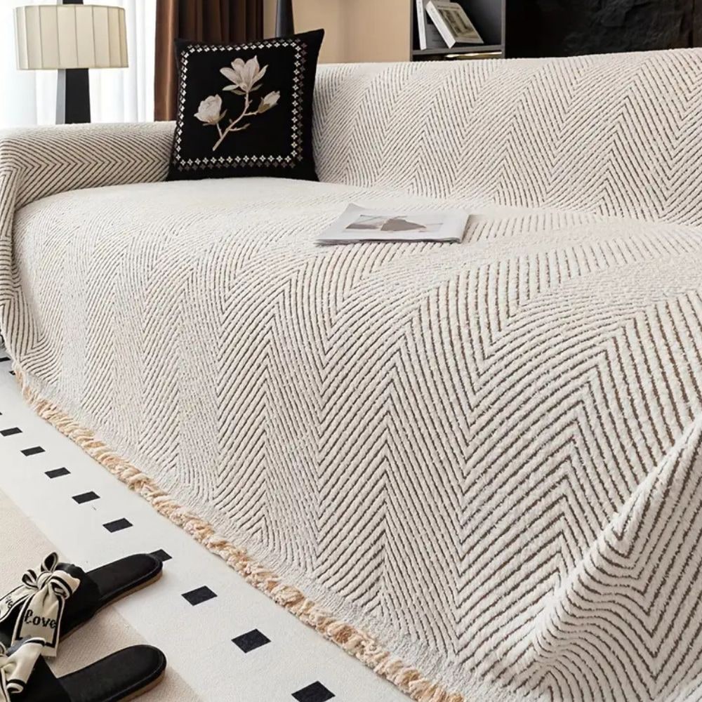 Sofa Throw Blanket Couch Woven Herringbone with Fringed Tassels Decorative