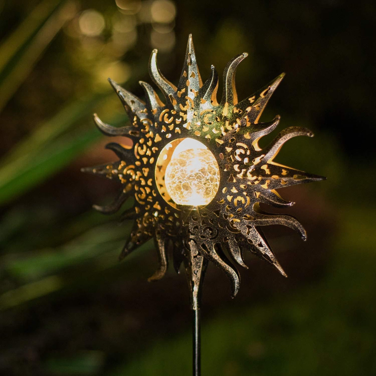 Solar Garden Lights Outdoor Pathway Stake with Crackled Glass Globe and Warm LED