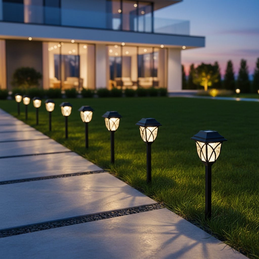 Solar Path Lights Garden Outdoor with Crackle Glass Lens and Integrated Panel Stake