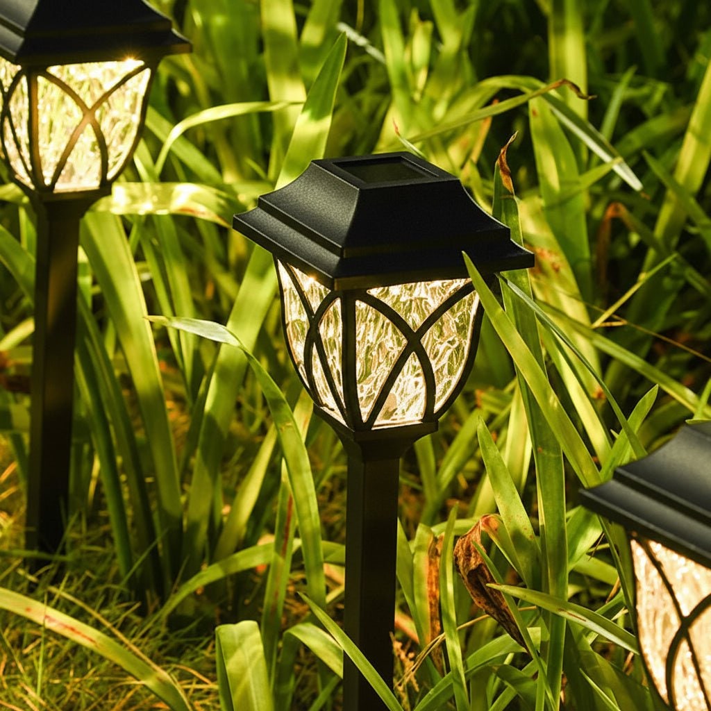 Solar Path Lights Garden Outdoor with Crackle Glass Lens and Integrated Panel Stake