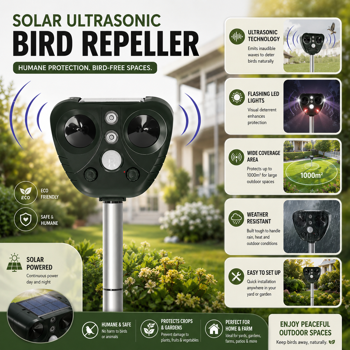 Solar Ultrasonic Animal Repeller with Motion Sensor and LED Indicator