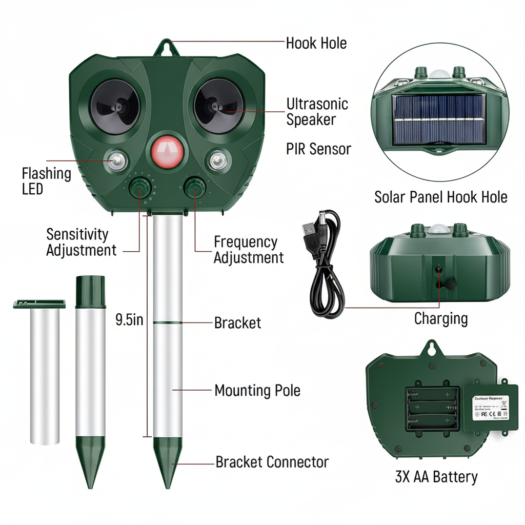 Solar Ultrasonic Animal Repeller with Motion Sensor and LED Indicator