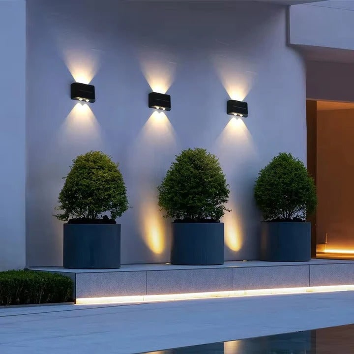 Solar Wall Lights Outdoor with Dual Beam LED and Warm Cool White Up Down Lighting
