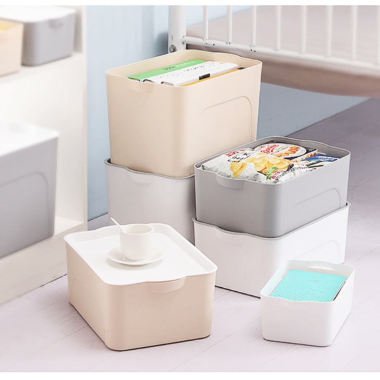 Stackable Plastic Storage Bin and Container with Lid Integrated Handles and Nestable Design
