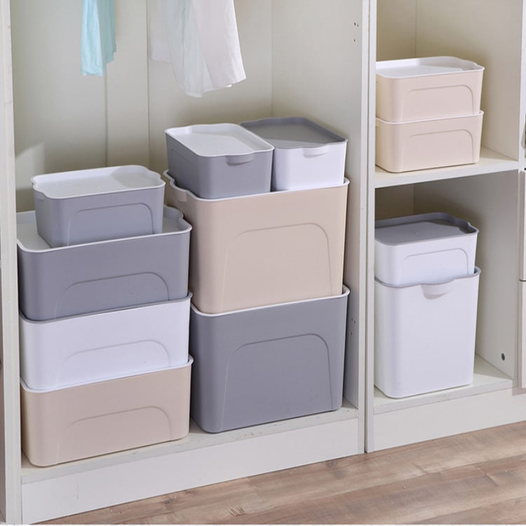 Stackable Plastic Storage Bin and Container with Lid Integrated Handles and Nestable Design