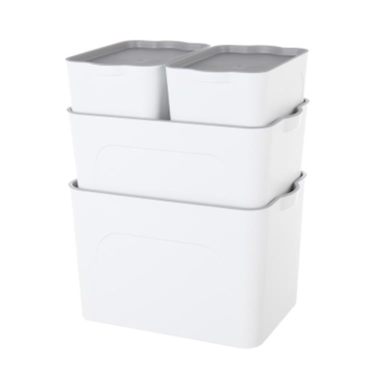 Stackable Plastic Storage Bin and Container with Lid Integrated Handles and Nestable Design