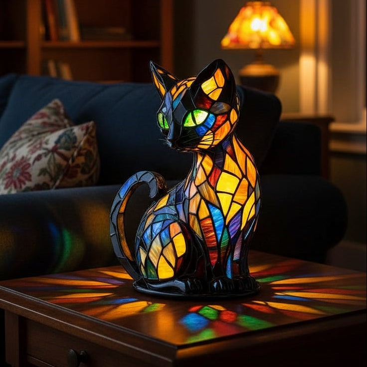 Stained Glass Cat Lamp and Night Light with Mosaic Design and Glowing Eyes Tiffany