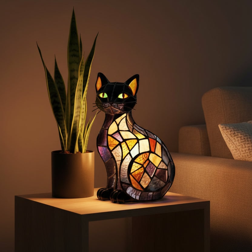 Stained Glass Cat Lamp and Night Light with Mosaic Design and Glowing Eyes Tiffany
