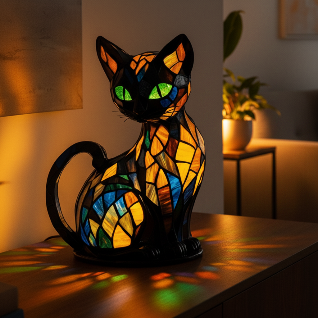 Stained Glass Cat Lamp and Night Light with Mosaic Design and Glowing Eyes Tiffany