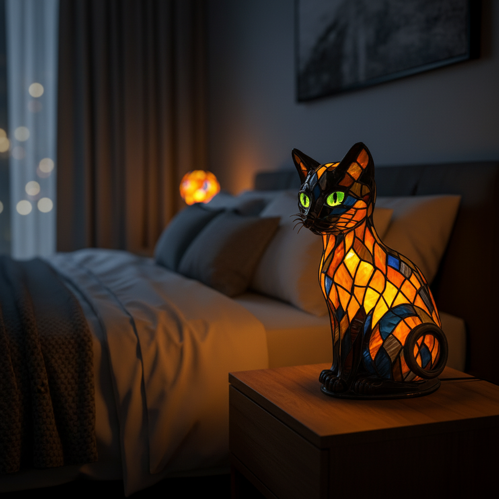 Stained Glass Cat Lamp and Night Light with Mosaic Design and Glowing Eyes Tiffany