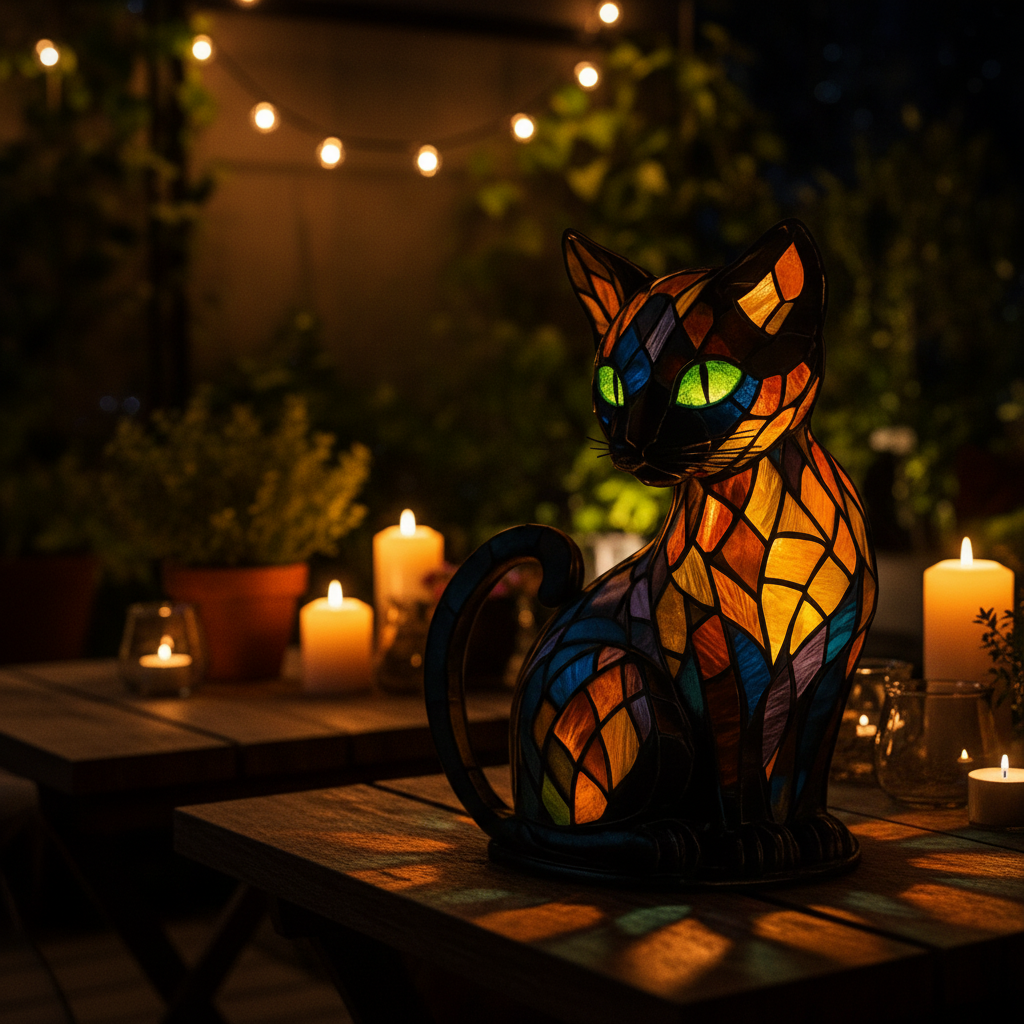 Stained Glass Cat Lamp and Night Light with Mosaic Design and Glowing Eyes Tiffany