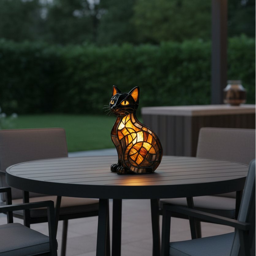 Stained Glass Cat Lamp and Night Light with Mosaic Design and Glowing Eyes Tiffany