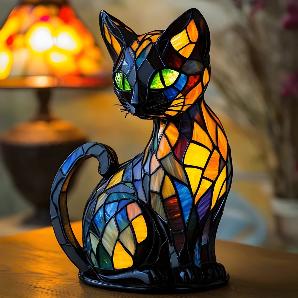 Stained Glass Cat Table Lamp with Colorful Mosaic Pattern and Warm Glow Bedside Lighting