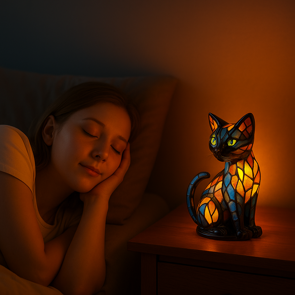 Stained Glass Cat Table Lamp with Colorful Mosaic Pattern and Warm Glow Bedside Lighting