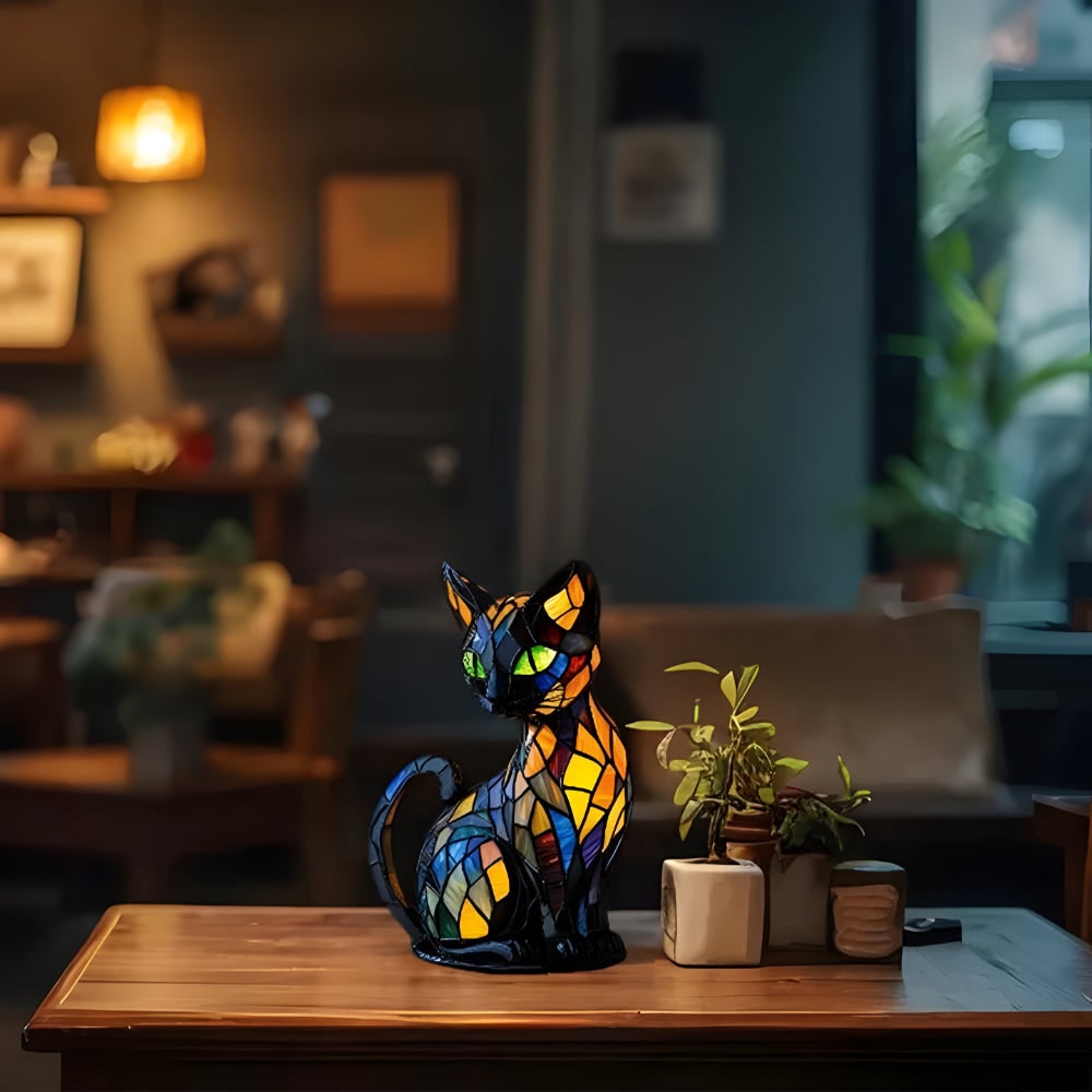 Stained Glass Cat Table Lamp with Colorful Mosaic Pattern and Warm Glow Bedside Lighting