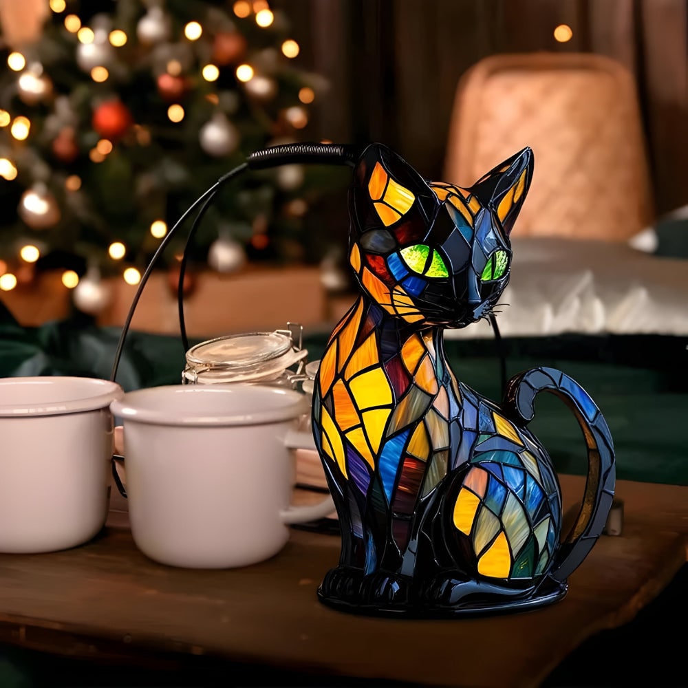 Stained Glass Cat Table Lamp with Colorful Mosaic Pattern and Warm Glow Bedside Lighting