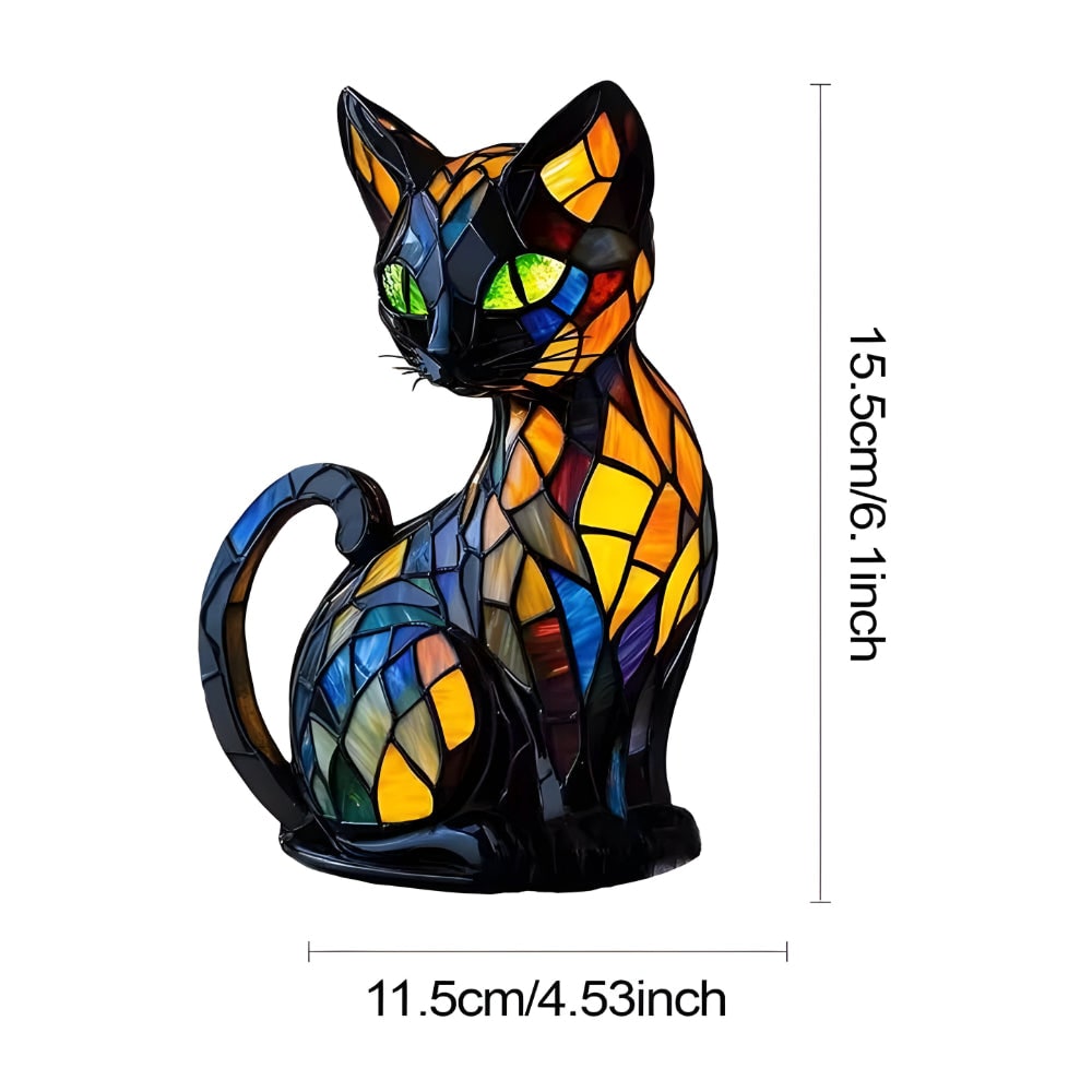 Stained Glass Cat Table Lamp with Colorful Mosaic Pattern and Warm Glow Bedside Lighting