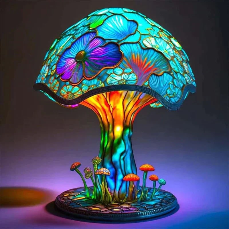 Stained Glass Table Lamp with Green and Effect Decorative Resin Shade with Warm LED Light