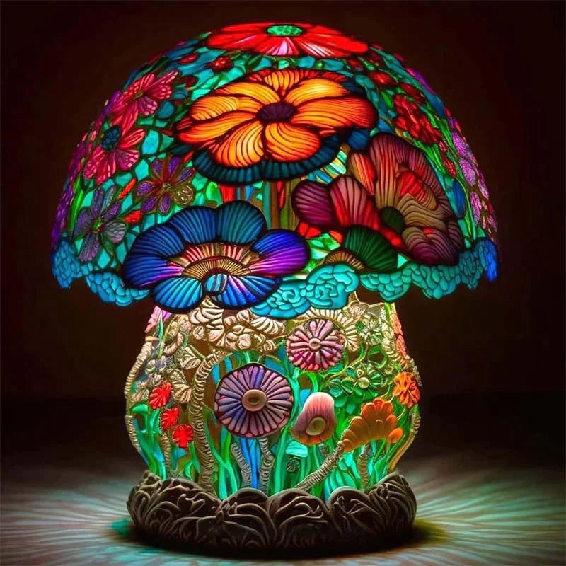 Stained Glass Table Lamp with Green and Effect Decorative Resin Shade with Warm LED Light