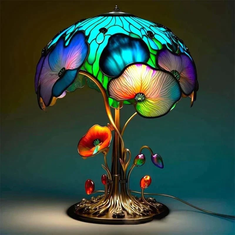 Stained Glass Table Lamp with Green and Effect Decorative Resin Shade with Warm LED Light