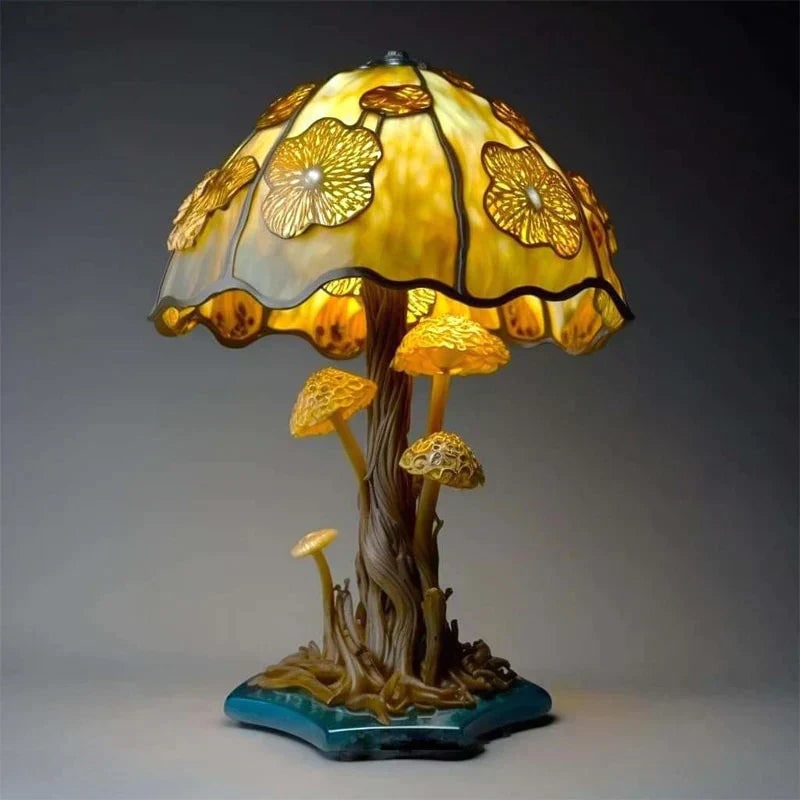 Stained Glass Table Lamp with Green and Effect Decorative Resin Shade with Warm LED Light