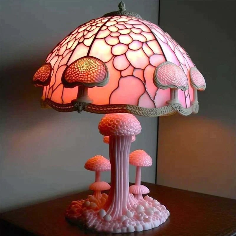 Stained Glass Table Lamp with Green and Effect Decorative Resin Shade with Warm LED Light