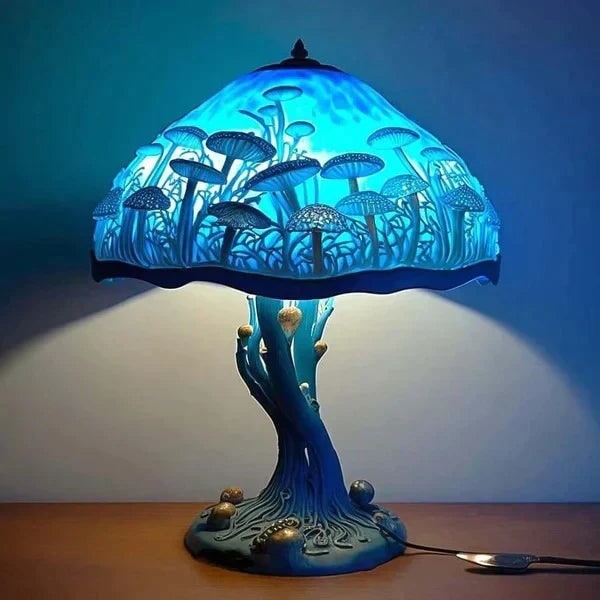 Stained Glass Table Lamp with Green and Effect Decorative Resin Shade with Warm LED Light