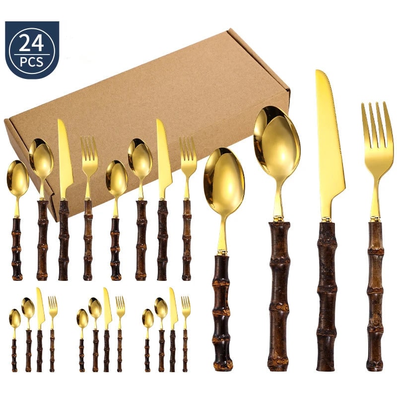 Stainless Steel Cutlery and Flatware Set with Bamboo Handle 24-Piece Dining Silverware