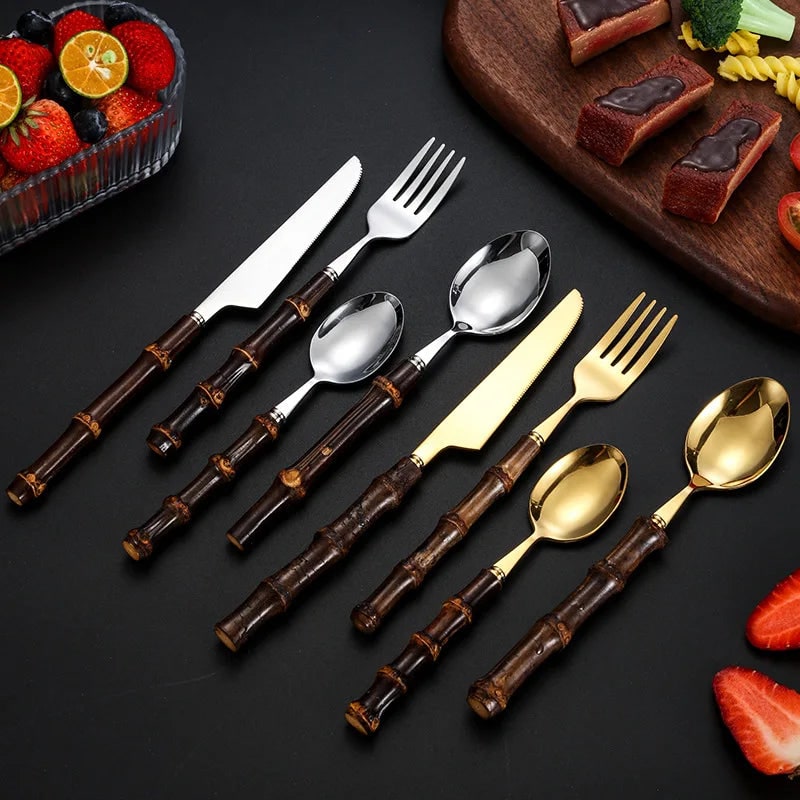 Stainless Steel Cutlery and Flatware Set with Bamboo Handle 24-Piece Dining Silverware
