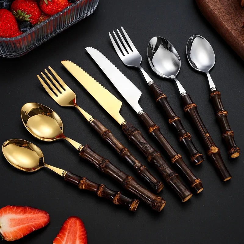 Stainless Steel Cutlery and Flatware Set with Bamboo Handle 24-Piece Dining Silverware
