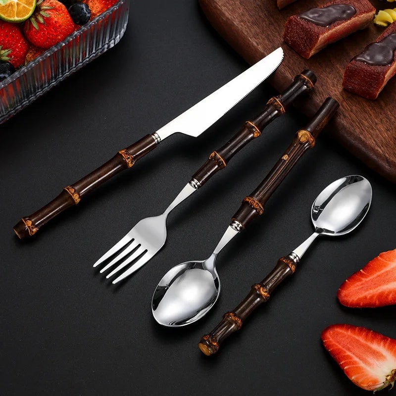 Stainless Steel Cutlery and Flatware Set with Bamboo Handle 24-Piece Dining Silverware