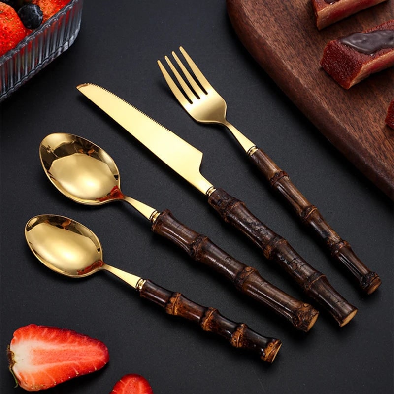 Stainless Steel Cutlery and Flatware Set with Bamboo Handle 24-Piece Dining Silverware