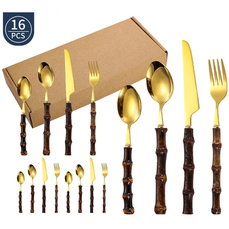 Stainless Steel Cutlery and Flatware Set with Bamboo Handle 24-Piece Dining Silverware
