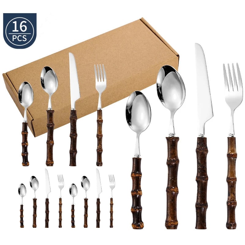 Stainless Steel Cutlery and Flatware Set with Bamboo Handle 24-Piece Dining Silverware