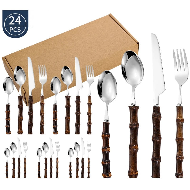 Stainless Steel Cutlery and Flatware Set with Bamboo Handle 24-Piece Dining Silverware