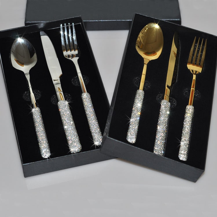 Stainless Steel Flatware Set with Rhinestone Encrusted Handles 18 10 Service for 12