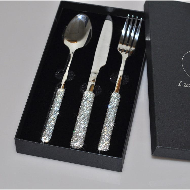 Stainless Steel Flatware Set with Rhinestone Encrusted Handles 18 10 Service for 12