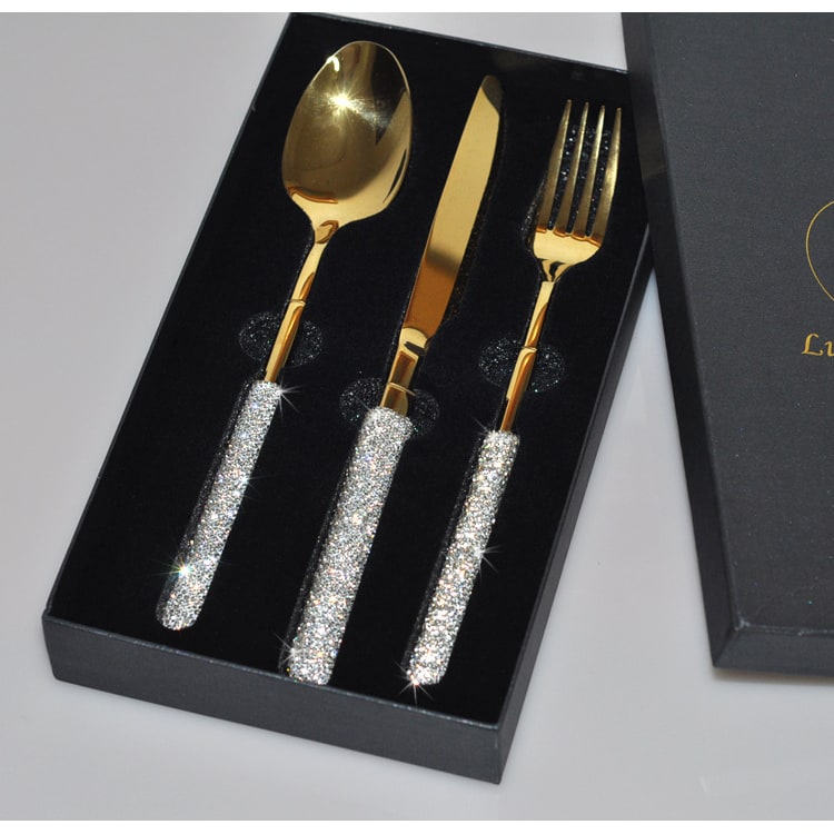 Stainless Steel Flatware Set with Rhinestone Encrusted Handles 18 10 Service for 12