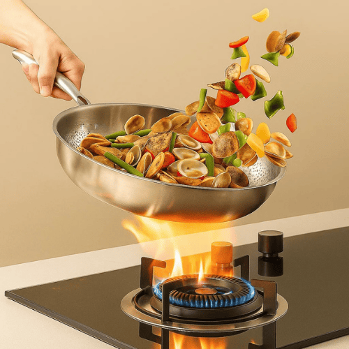 Stainless Steel Frying Pan Uncoated Hammered Brushed Ergonomic Handle