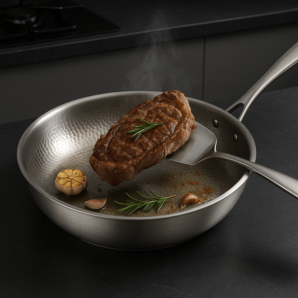Stainless Steel Frying Pan Uncoated Hammered Brushed Ergonomic Handle