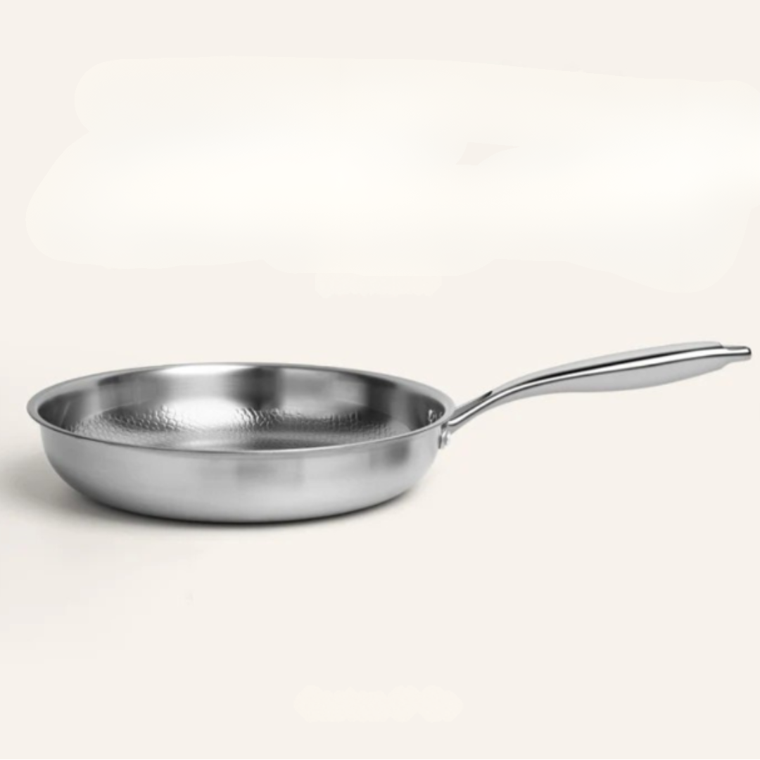 Stainless Steel Frying Pan with Induction Base Hammered Interior and Ergonomic Handle