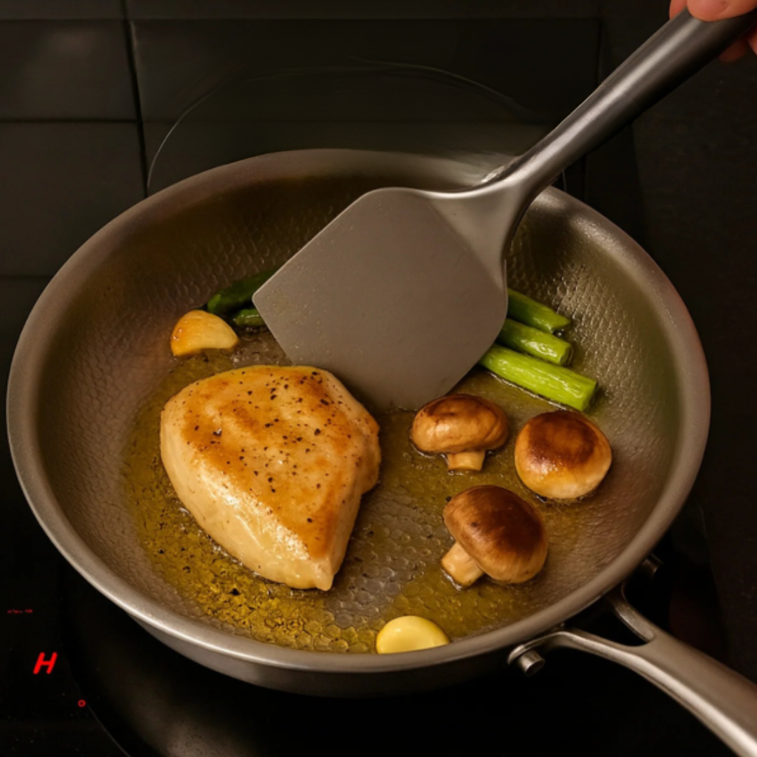 Stainless Steel Frying Pan with Induction Base Hammered Interior and Ergonomic Handle