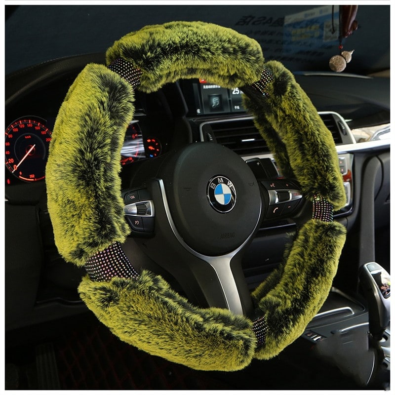 Steering Wheel Cover with Plush Faux Fur and Rhinestone Accents