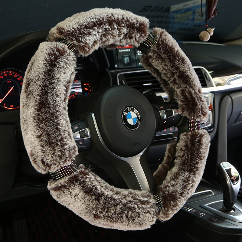 Steering Wheel Cover with Plush Faux Fur and Rhinestone Accents