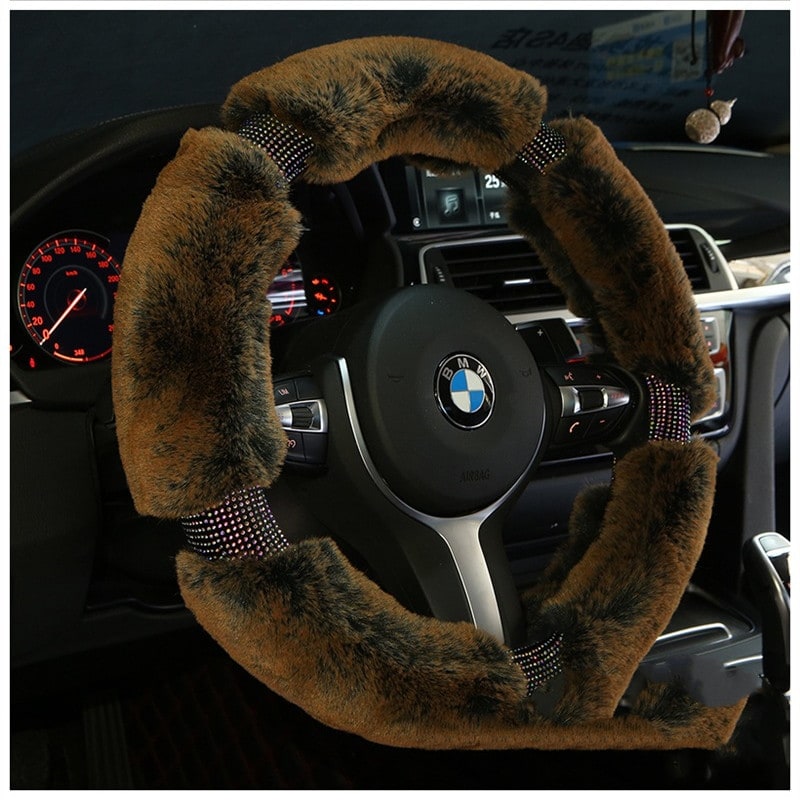 Steering Wheel Cover with Plush Faux Fur and Rhinestone Accents