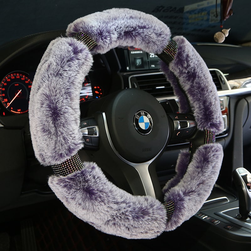 Steering Wheel Cover with Plush Faux Fur and Rhinestone Accents