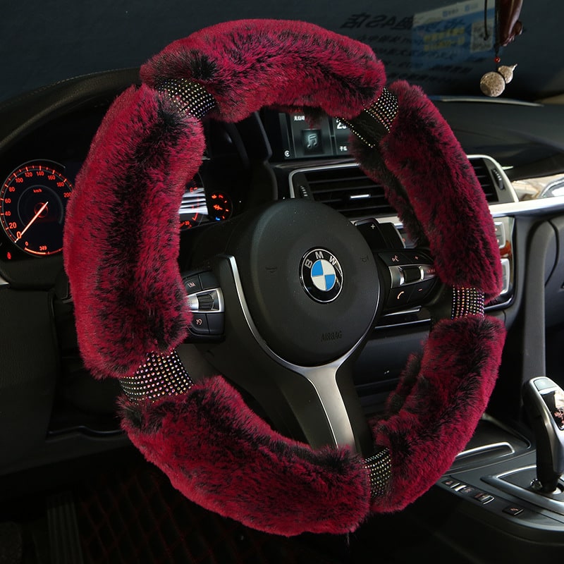 Steering Wheel Cover with Plush Faux Fur and Rhinestone Accents