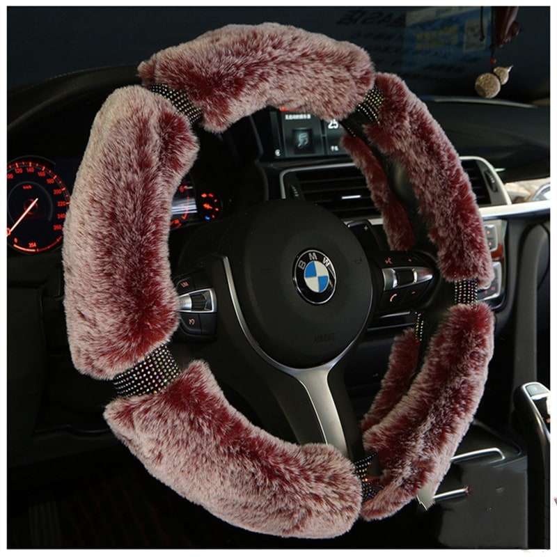 Steering Wheel Cover with Plush Faux Fur and Rhinestone Accents