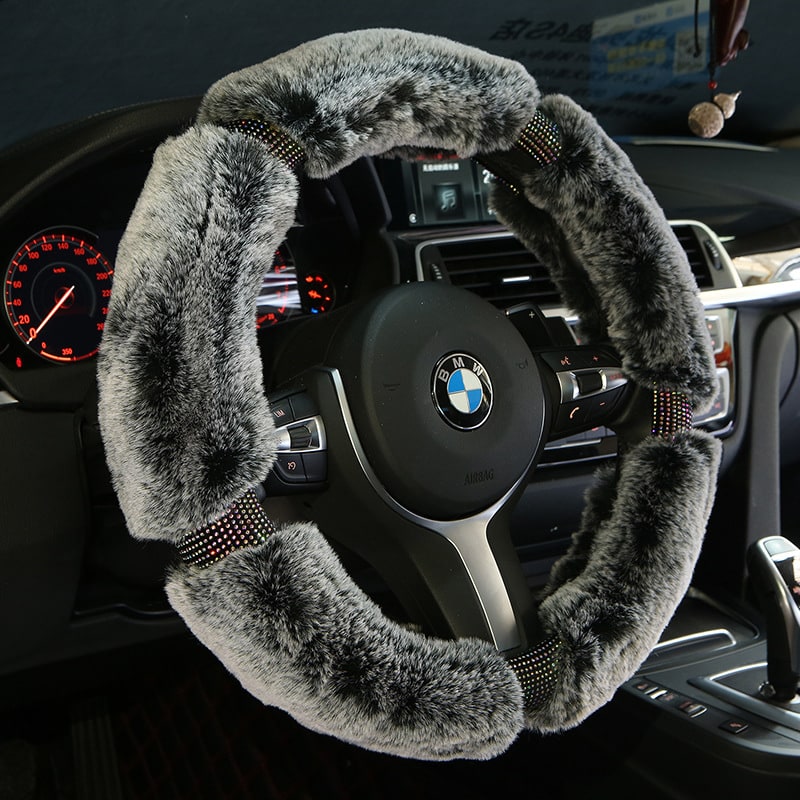Steering Wheel Cover with Plush Faux Fur and Rhinestone Accents