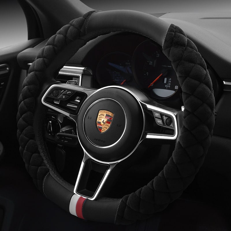 Steering Wheel Cover with Plush Quilted Diamond Pattern and Textured Grip for Car 38cm Round